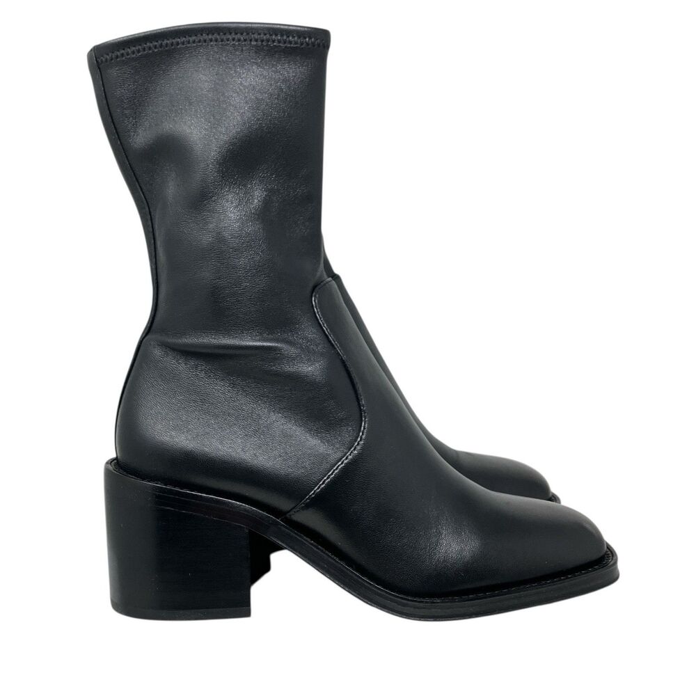 Loeffler Randall Black Leather Nolan Stretch Side‎ Zip Block Heel Booties